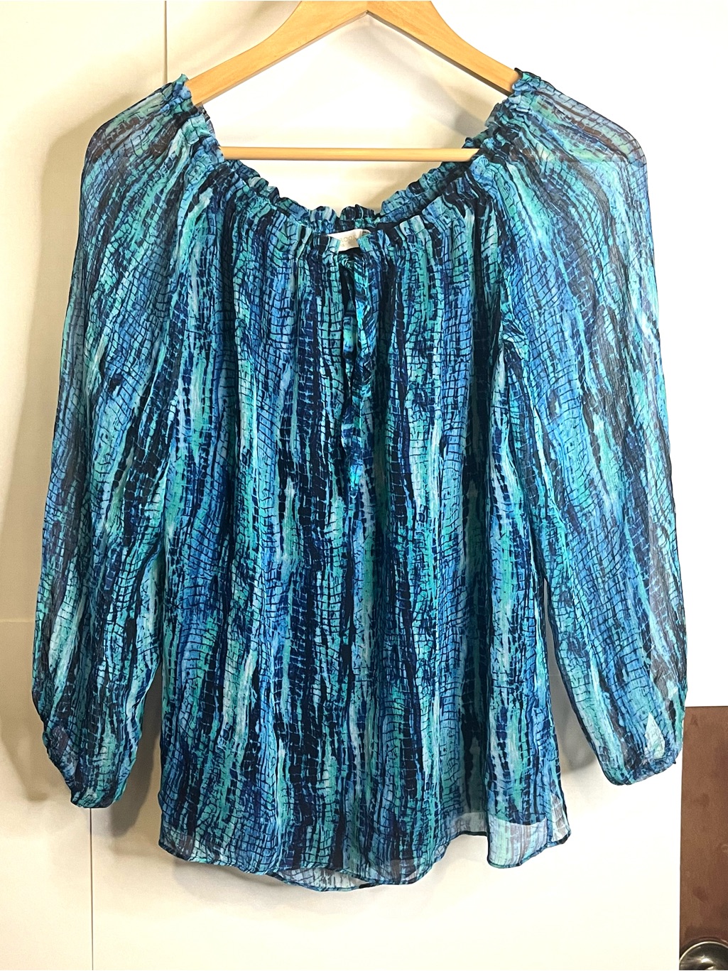 Nwt Ramy Brook Women’s Size Xs Blue Teal Printed “Bridget” Silk Peasant Blouse